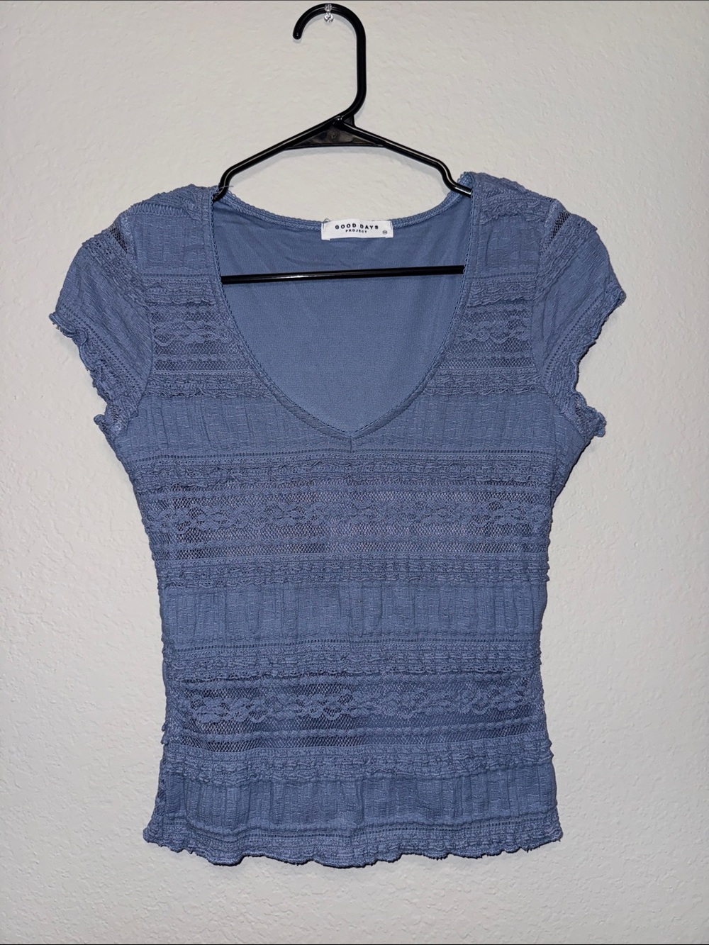 Blue Lace-Trim V-Neck Short Sleeve Top